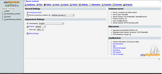 This is a dashboard of phpMyAdmin page after fresh installation.